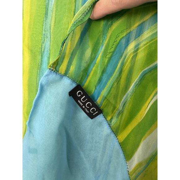 Gucci Long Silk Scarf Vintage Made In Italy 22x64 Green Abstract - Picture 3 of 4